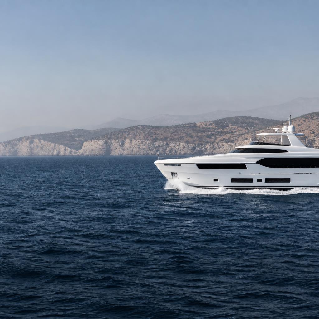 A yacht moving through the Aegean in warm afternoon light