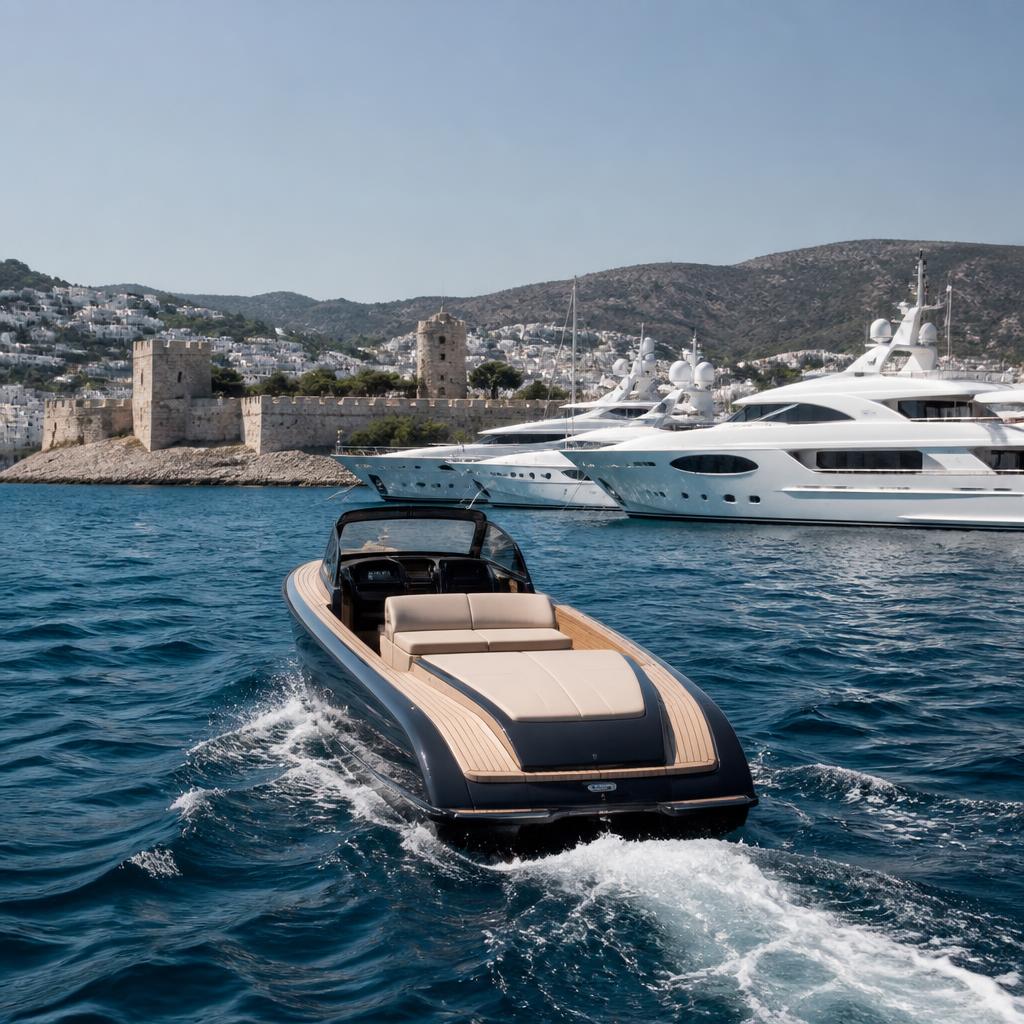 A compact tender beside yachts near Bodrum
